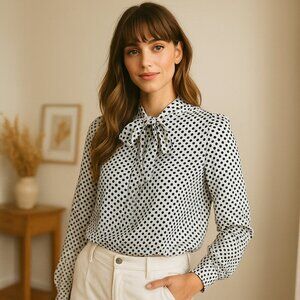 Office Siren Polka Dot Blouse Viscose Bow Tie Neck Corporate